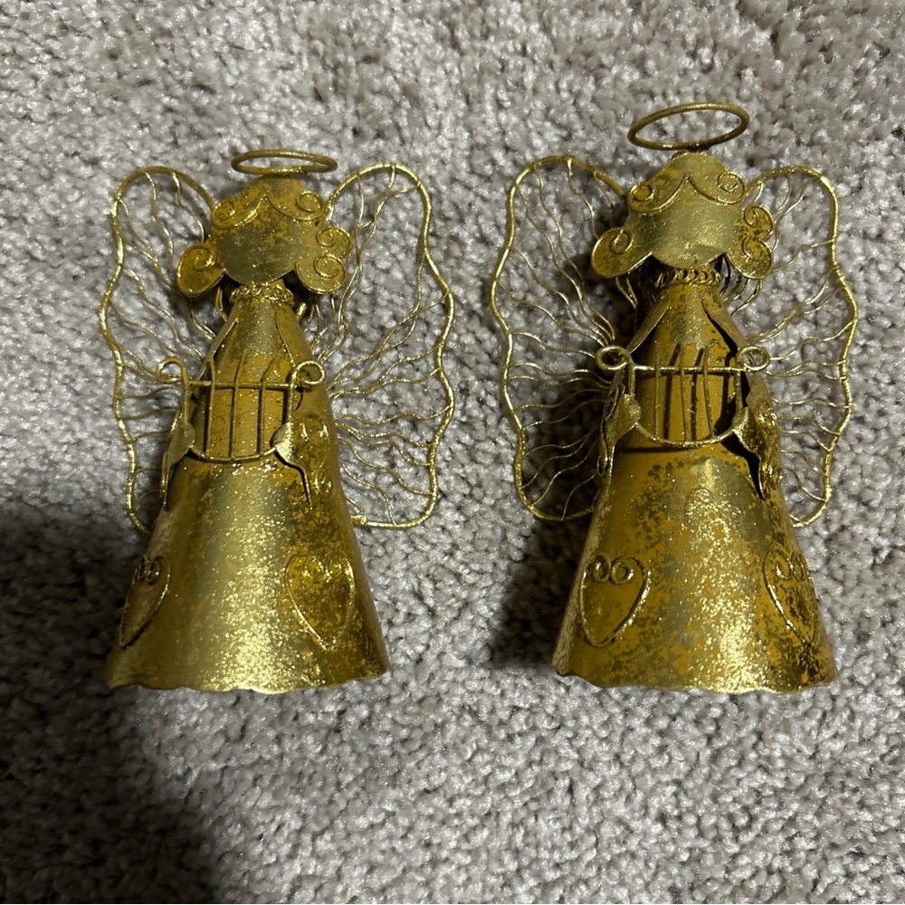 2 Angel Playing the Harp~Gold-Tone Metal 5" Christmas Tree Holiday Ornament